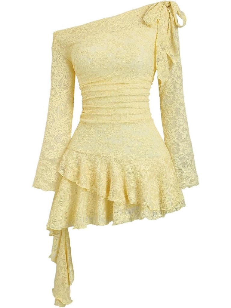 Floral Lace Off-Shoulder Ruffle Dress | Long Sleeve, Ruched, Layered, Flowing
